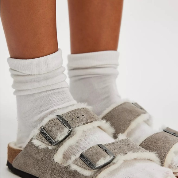 NWT Birkenstock Arizona Shearling Suede Leather Slide in Stone Coin - Picture 3 of 15